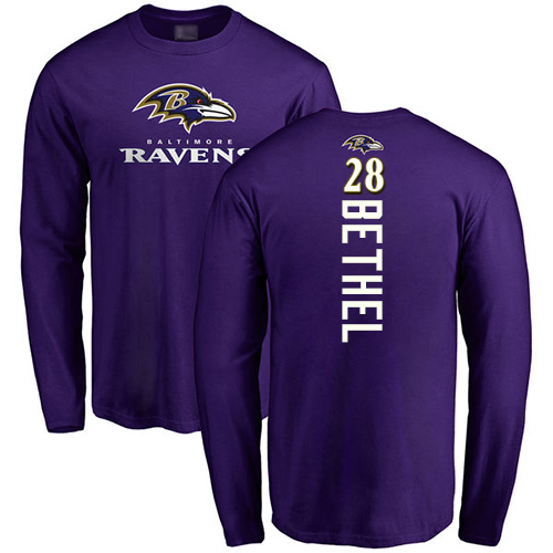 Men Baltimore Ravens Purple Justin Bethel Backer NFL Football #28 Long Sleeve T Shirt
